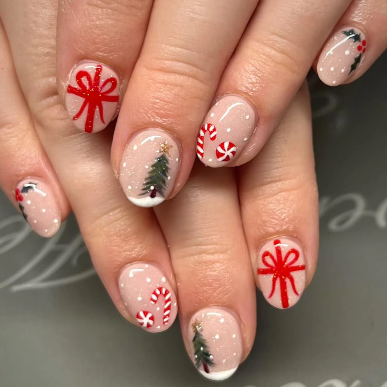 Christmas Tree Artificial - Uñas postizas cortas y redondas, con